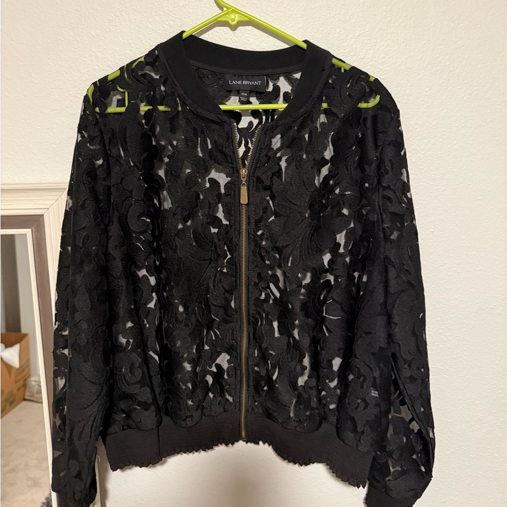 Lane Bryant Black Floral Lace Bomber Jacket
